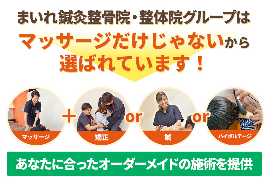 まいれ鍼灸整骨院・整体院グループはマッサージだけじゃないから 選ばれています!